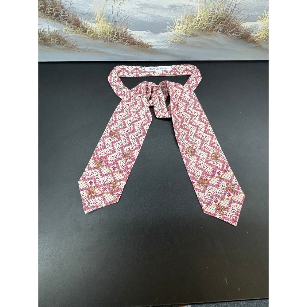 BCBGeneration Pink White Geometric Print Beaded Skinny Neck Tie Scarf